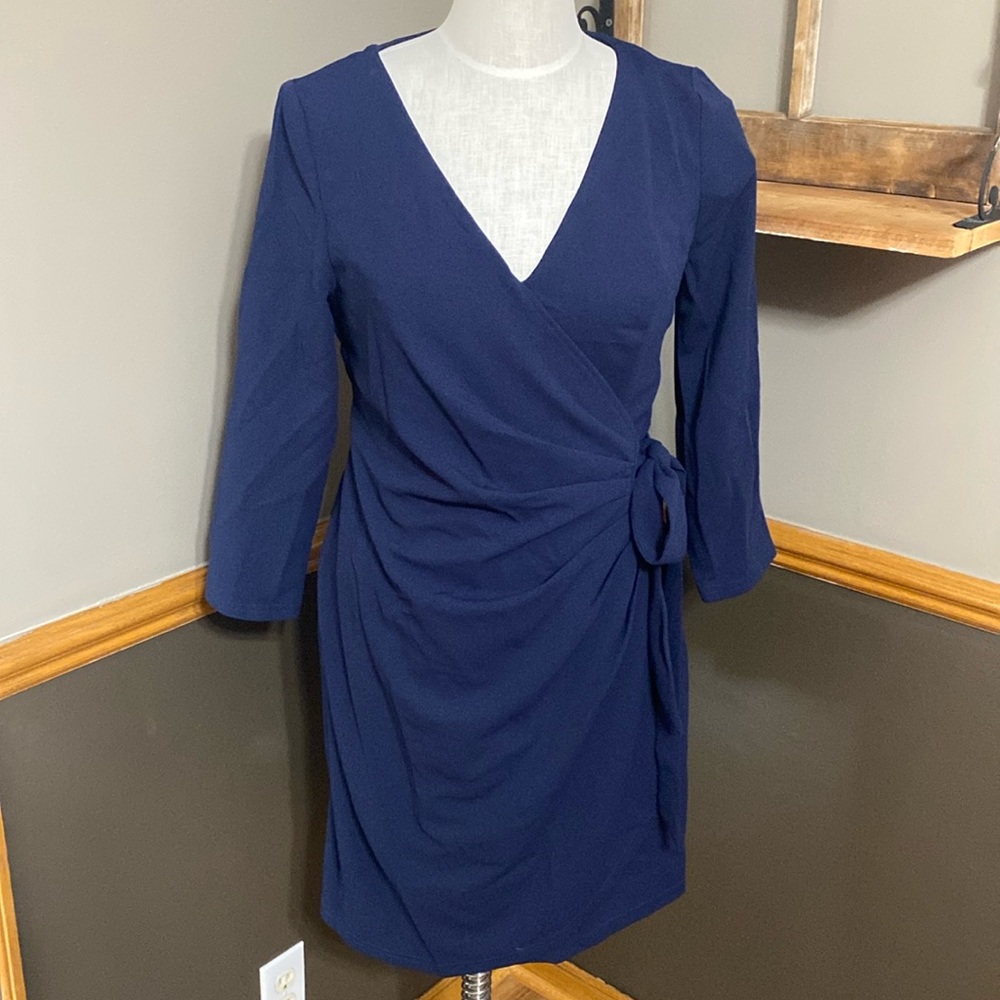 Ever Pretty navy blue V neck 3/4 sleeve wrap dress size 12 NWT